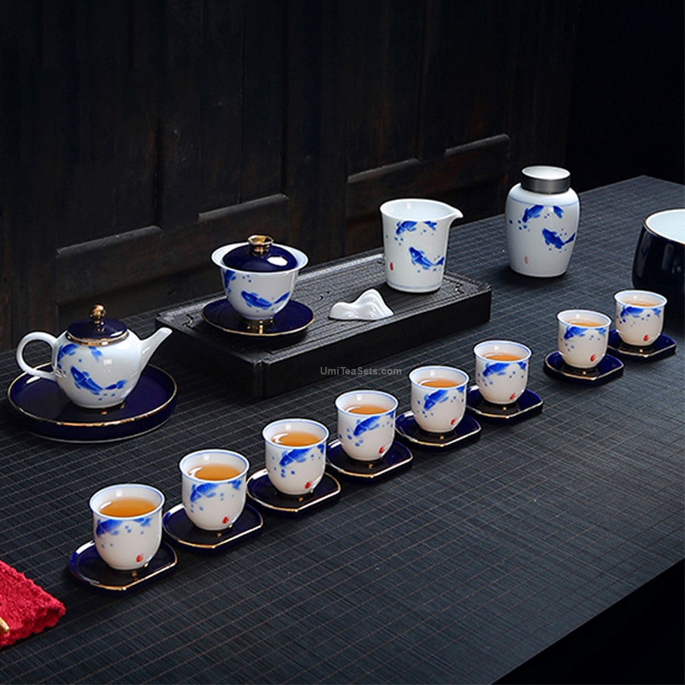 White And Blue Porcelain Hand Painted Goldfish Tea Set