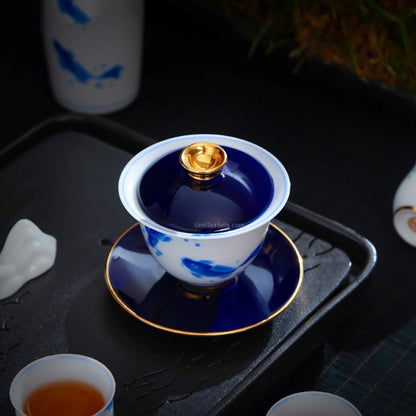 White And Blue Porcelain Hand Painted Goldfish Tea Set