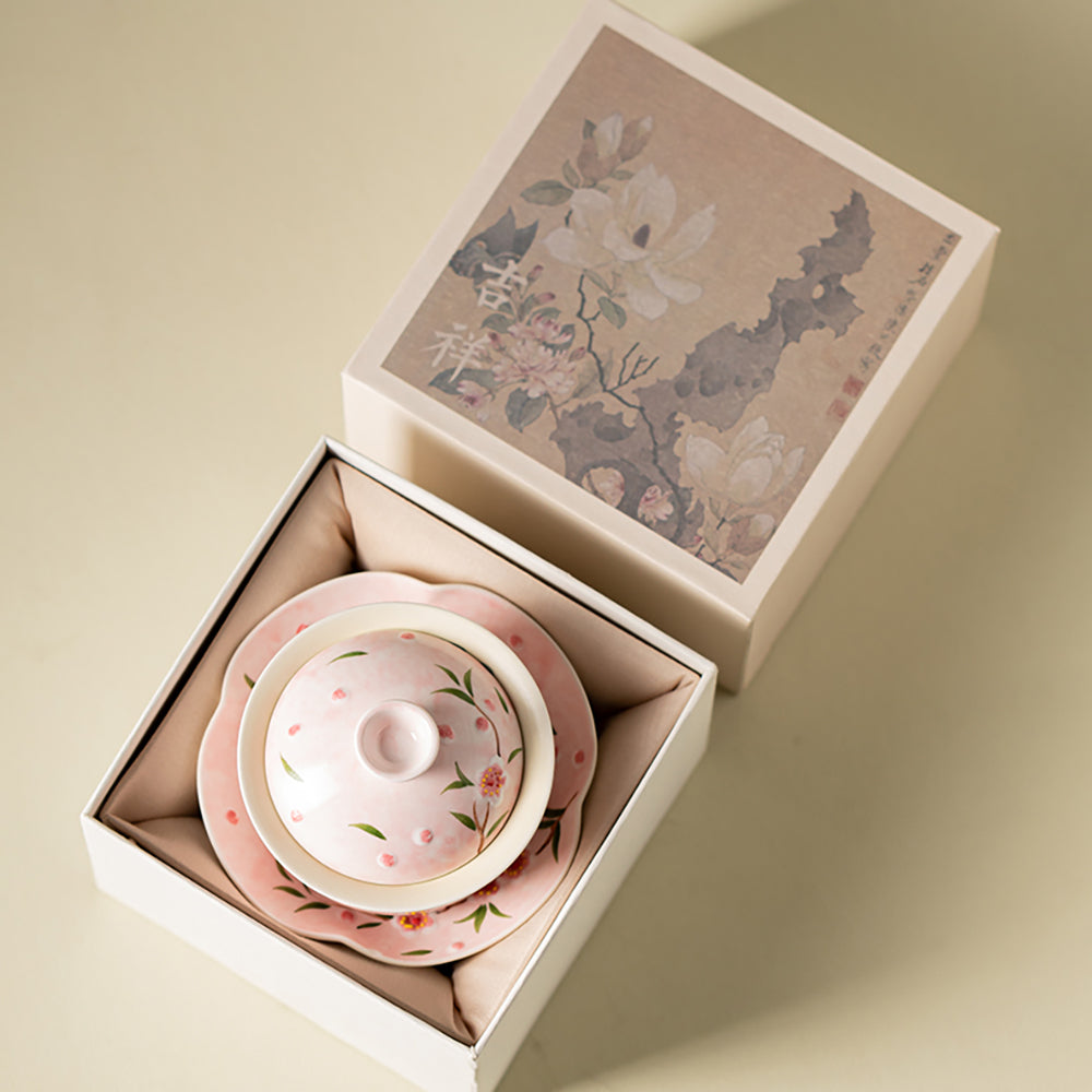 Hand-printed Peach Blossom Porcelain Gaiwan