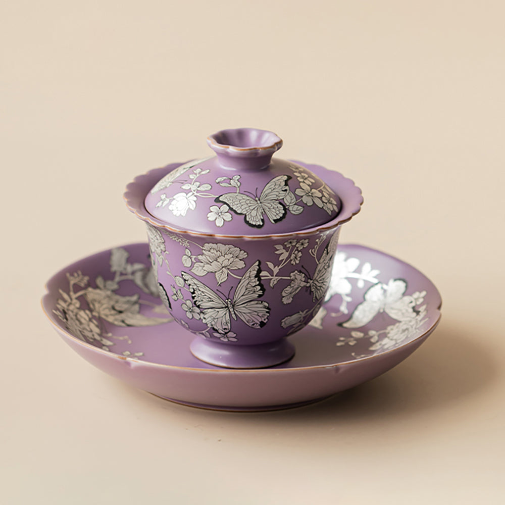 Purple Gilt-Silver Butterfly And Flower Porcelain Gaiwan