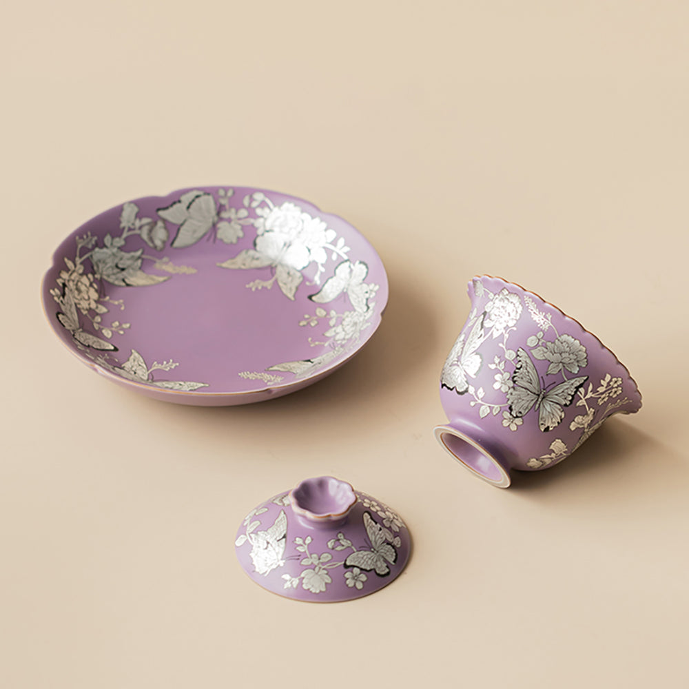 Purple Gilt-Silver Butterfly And Flower Porcelain Gaiwan