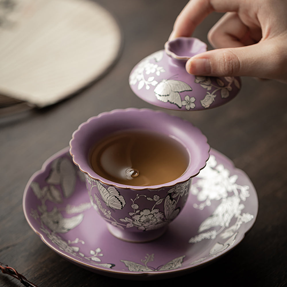 Purple Gilt-Silver Butterfly And Flower Porcelain Gaiwan