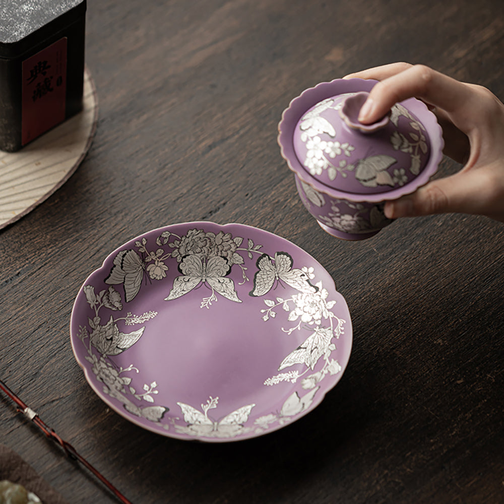 Purple Gilt-Silver Butterfly And Flower Porcelain Gaiwan