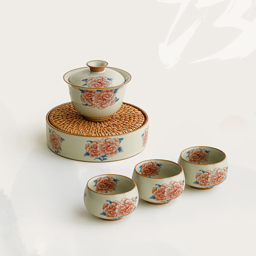 Hibiscus Flower Ruyao Porcelain Gaiwan Set