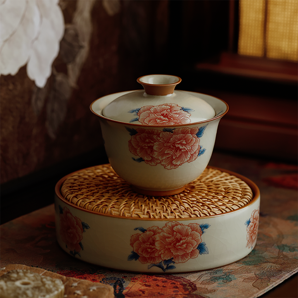 Hibiscus Flower Ruyao Porcelain Gaiwan Set