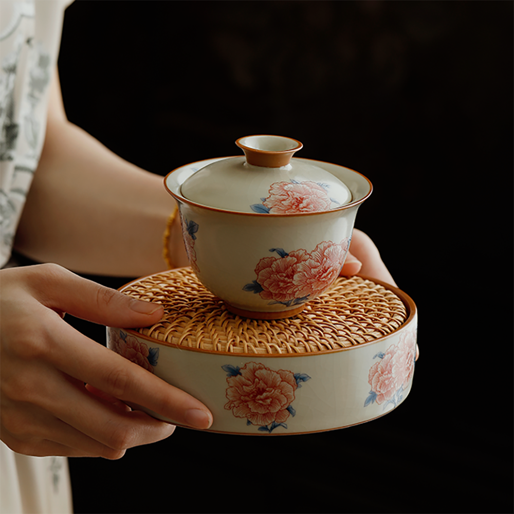 Hibiscus Flower Ruyao Porcelain Gaiwan Set
