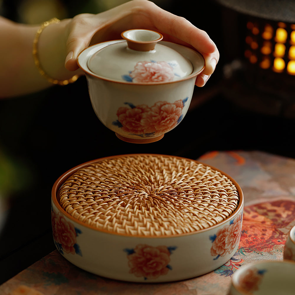 Hibiscus Flower Ruyao Porcelain Gaiwan Set