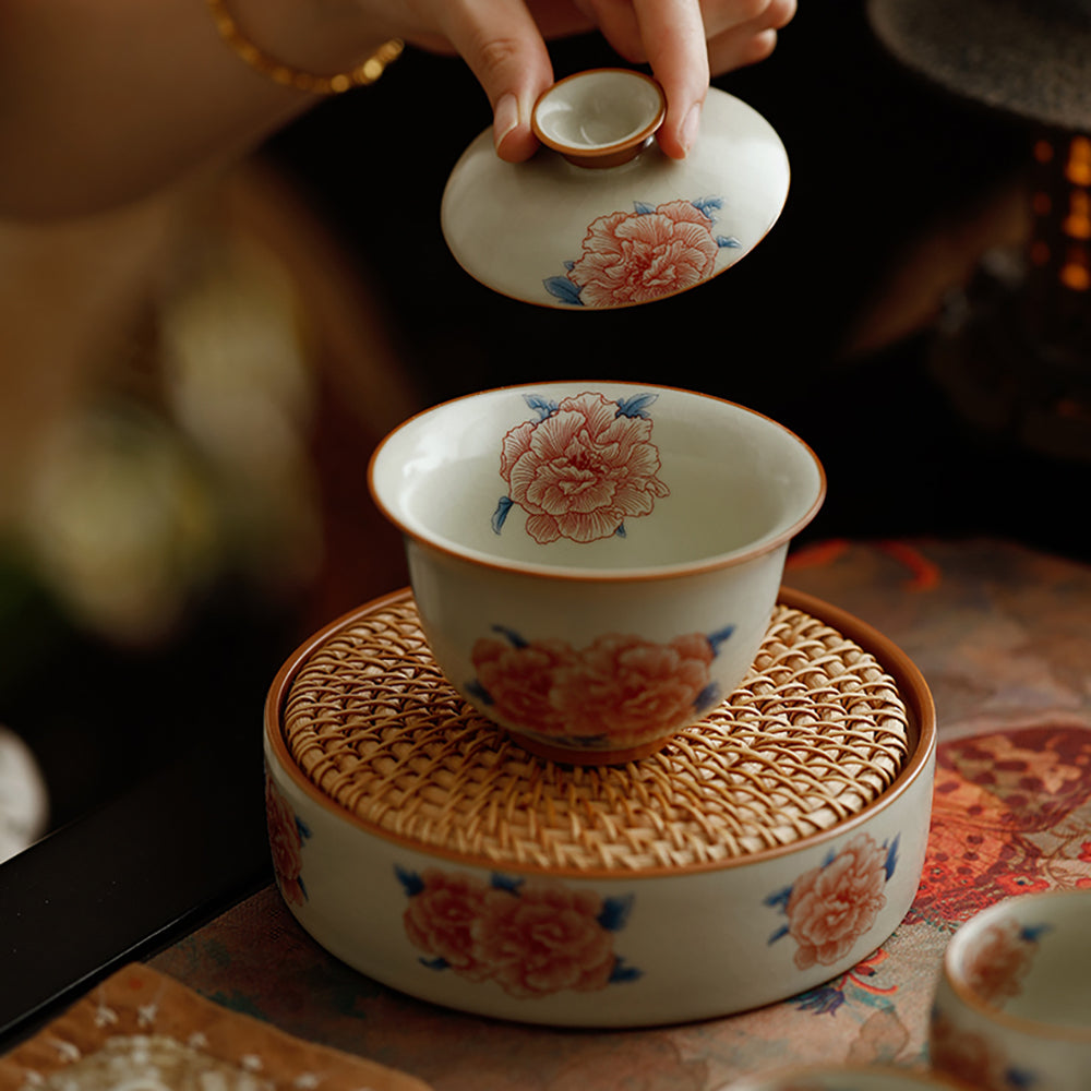 Hibiscus Flower Ruyao Porcelain Gaiwan Set