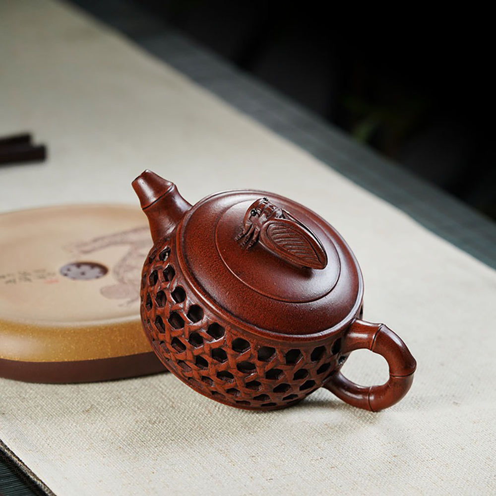 Yixing Red Clay Cicada Bamboo Weaving Teapot