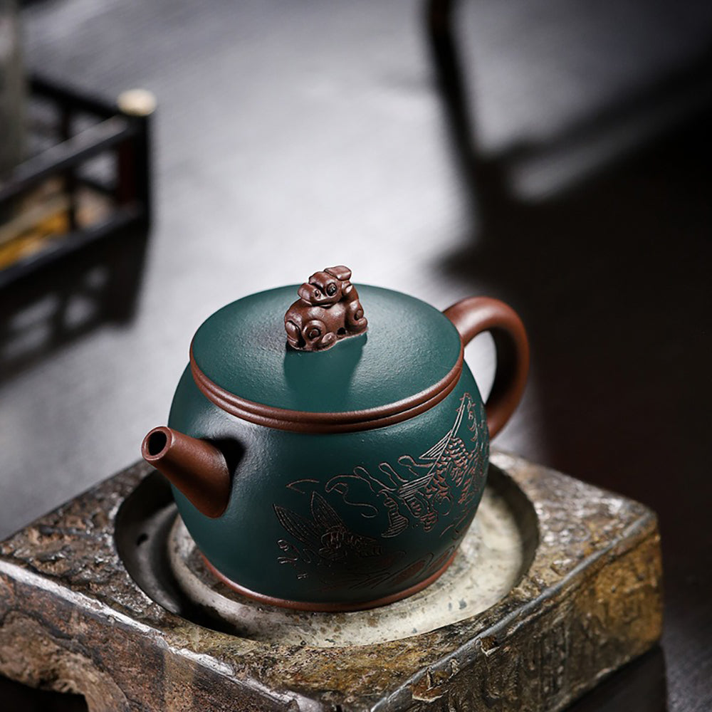 Yixing Purple & Green Clay Koi Teapot
