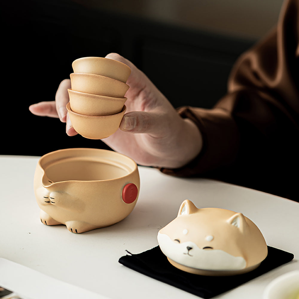 Cute Shiba Inu Pottery Travel Tea Set