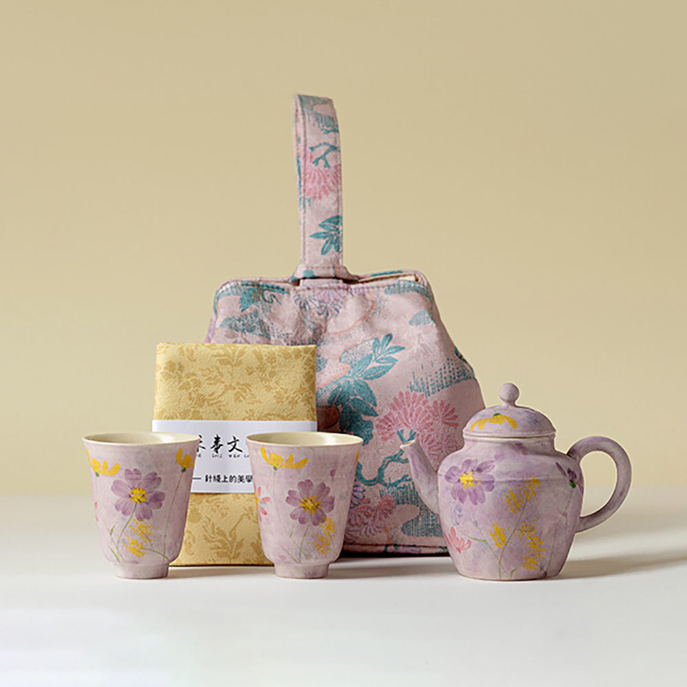 Purple Oil Painting Flower Travel Tea Set