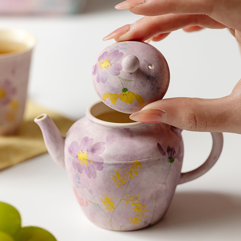 Purple Oil Painting Flower Travel Tea Set