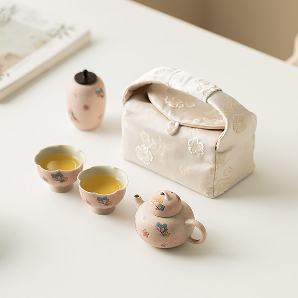 Pink Ceramic Butterfly Travel Tea Set