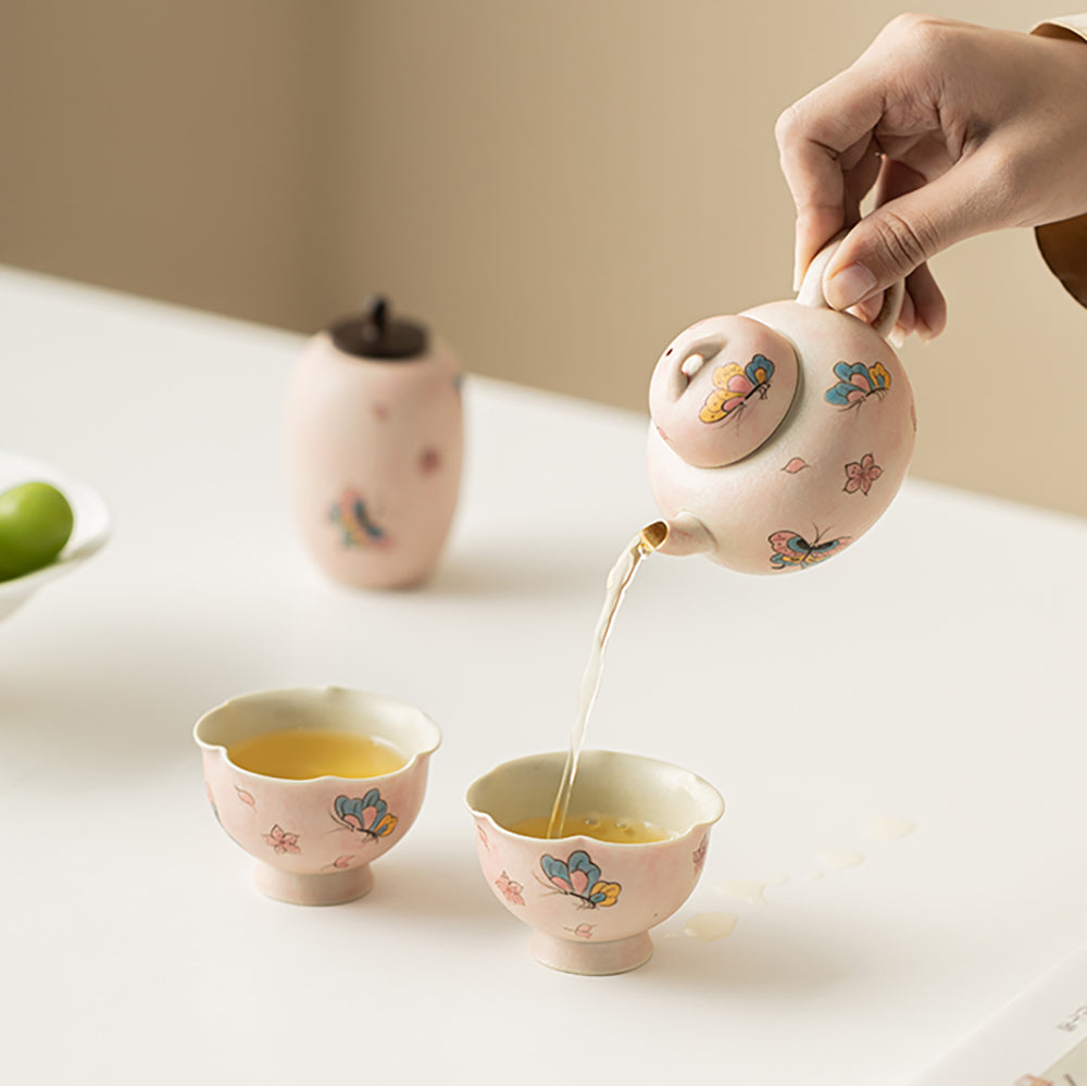 Pink Ceramic Butterfly Travel Tea Set
