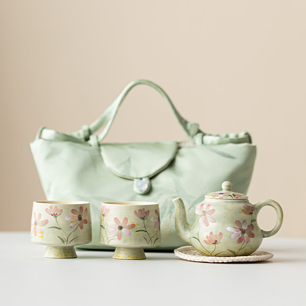 Green Ceramic Gesang Flower Travel Tea Set