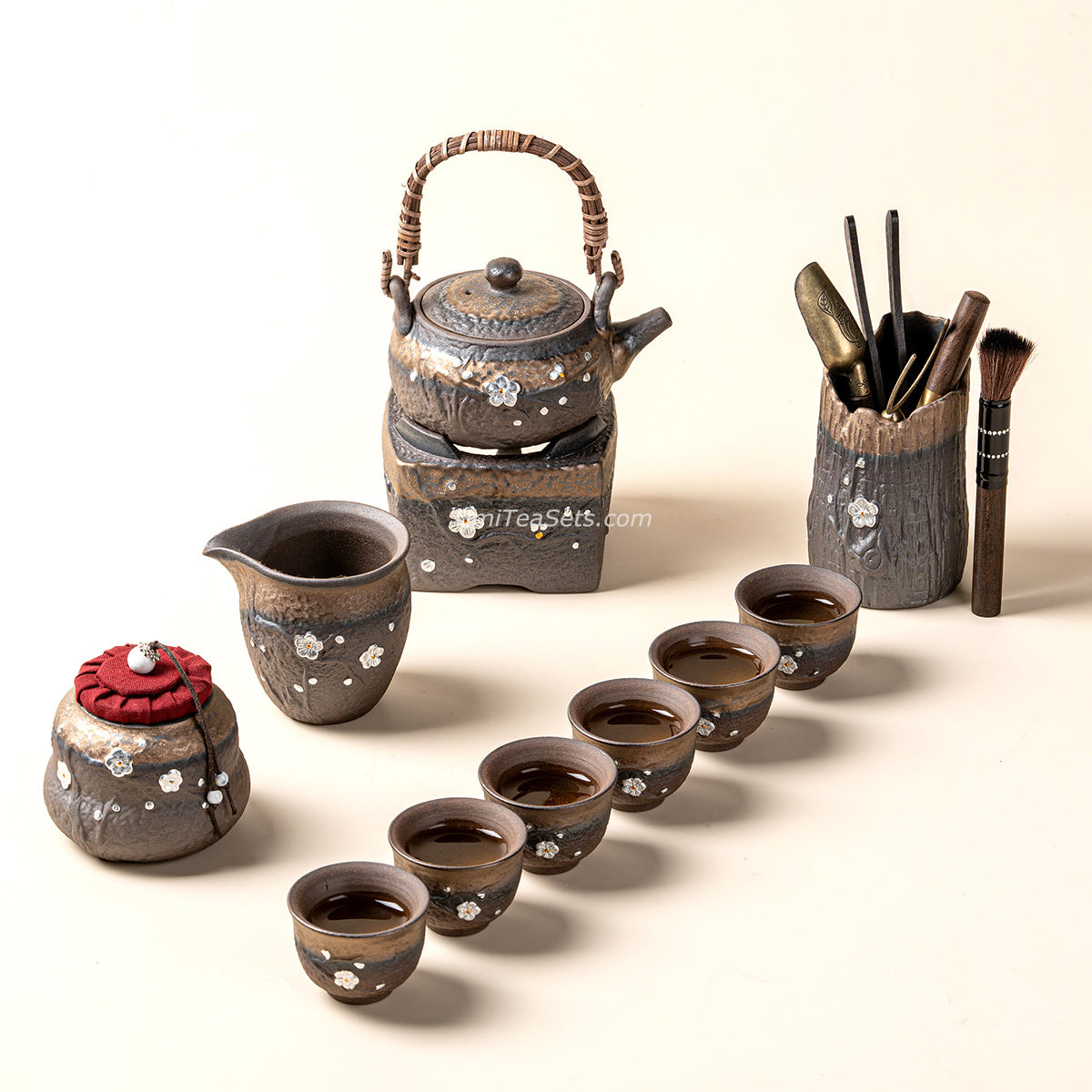 Japanese Pottery Gilded Iron Glaze Plum Blossoms Tea Set