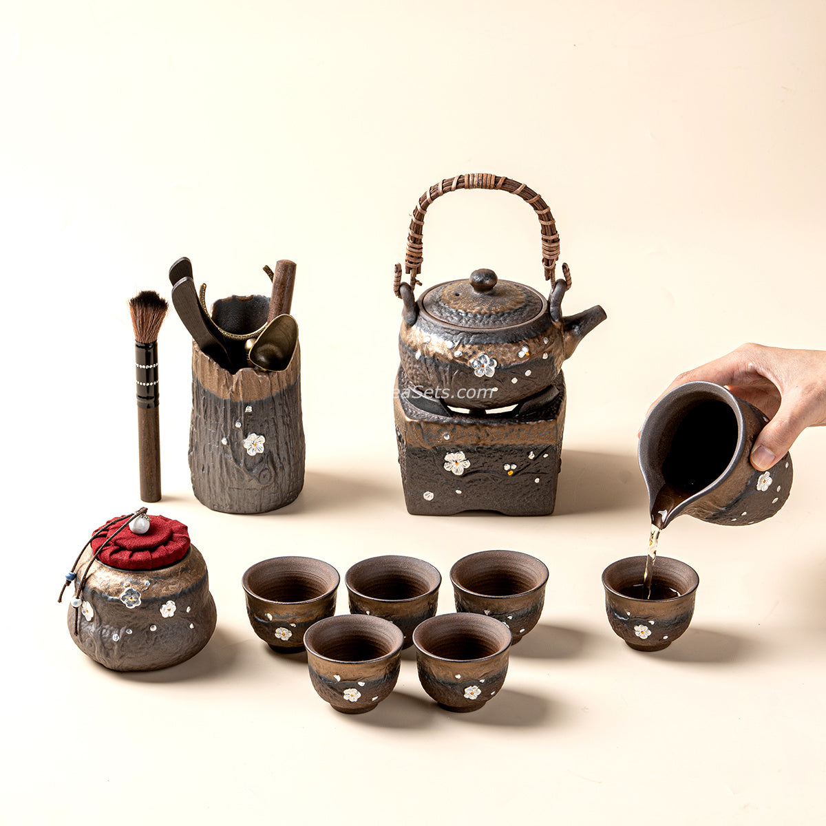 Japanese Pottery Gilded Iron Glaze Plum Blossoms Tea Set