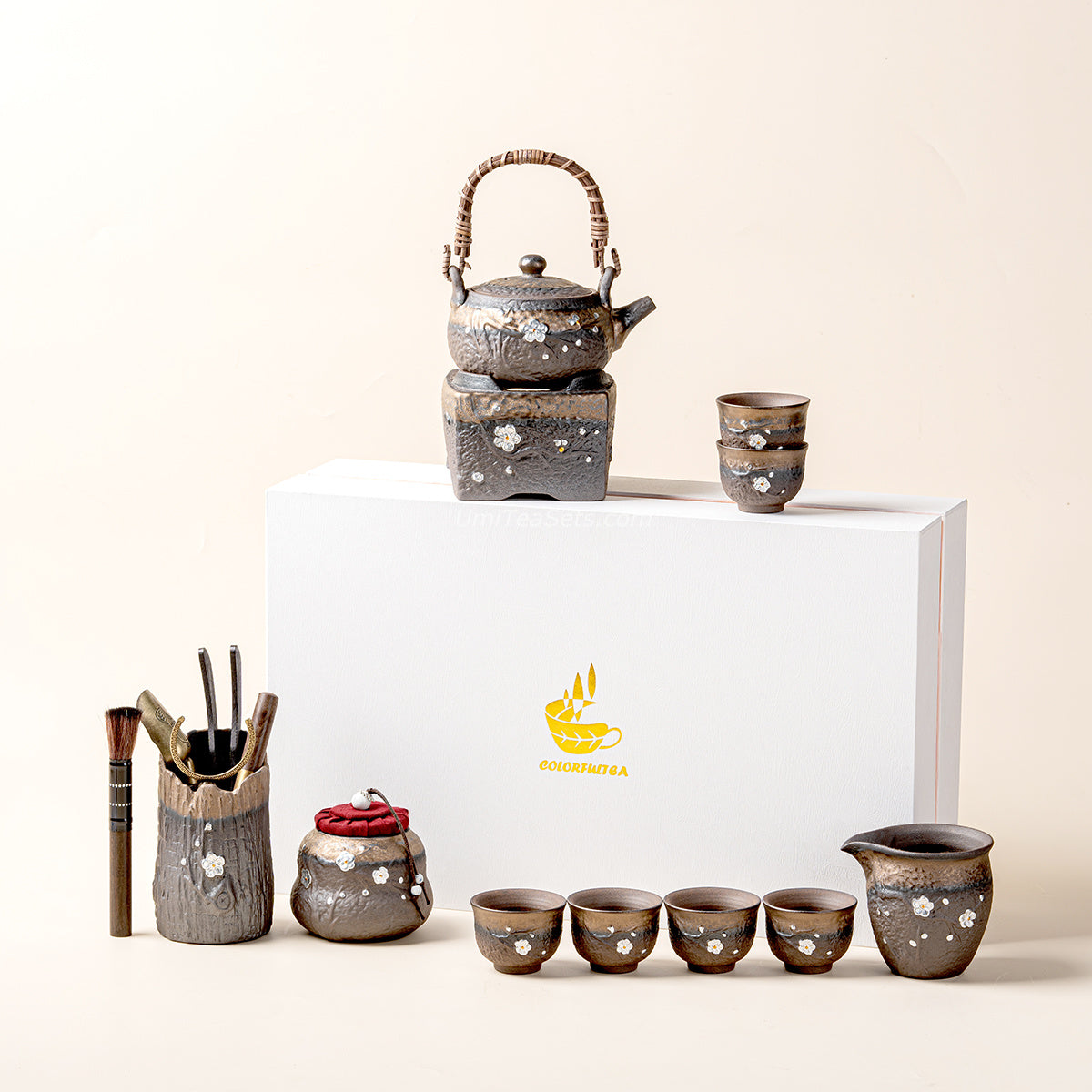 Japanese Pottery Gilded Iron Glaze Plum Blossoms Tea Set