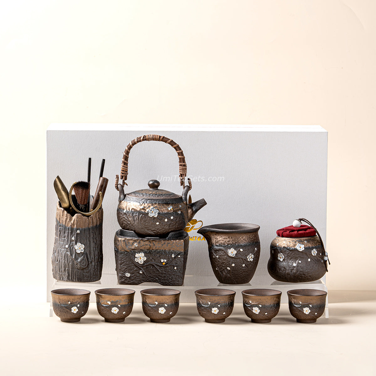 Japanese Pottery Gilded Iron Glaze Plum Blossoms Tea Set