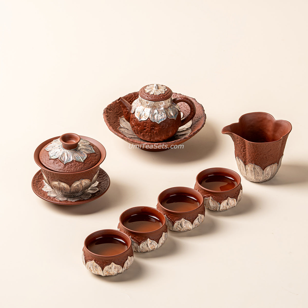 Red Pottery Silver-Gilt Lotus Tea Set