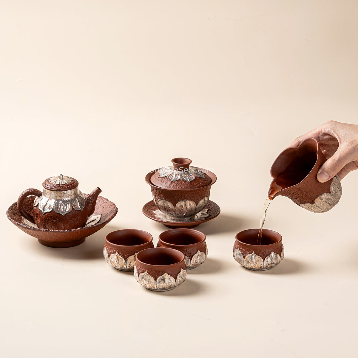 Red Pottery Silver-Gilt Lotus Tea Set