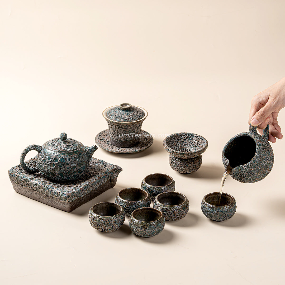 Vintage Bronze Coarse Pottery Wormhole Tea Set