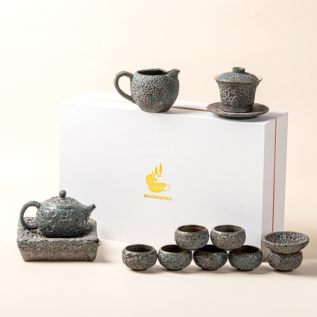 Vintage Bronze Coarse Pottery Wormhole Tea Set