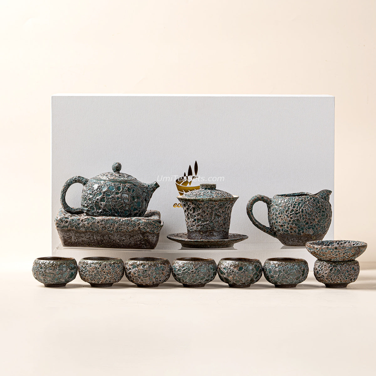 Vintage Bronze Coarse Pottery Wormhole Tea Set