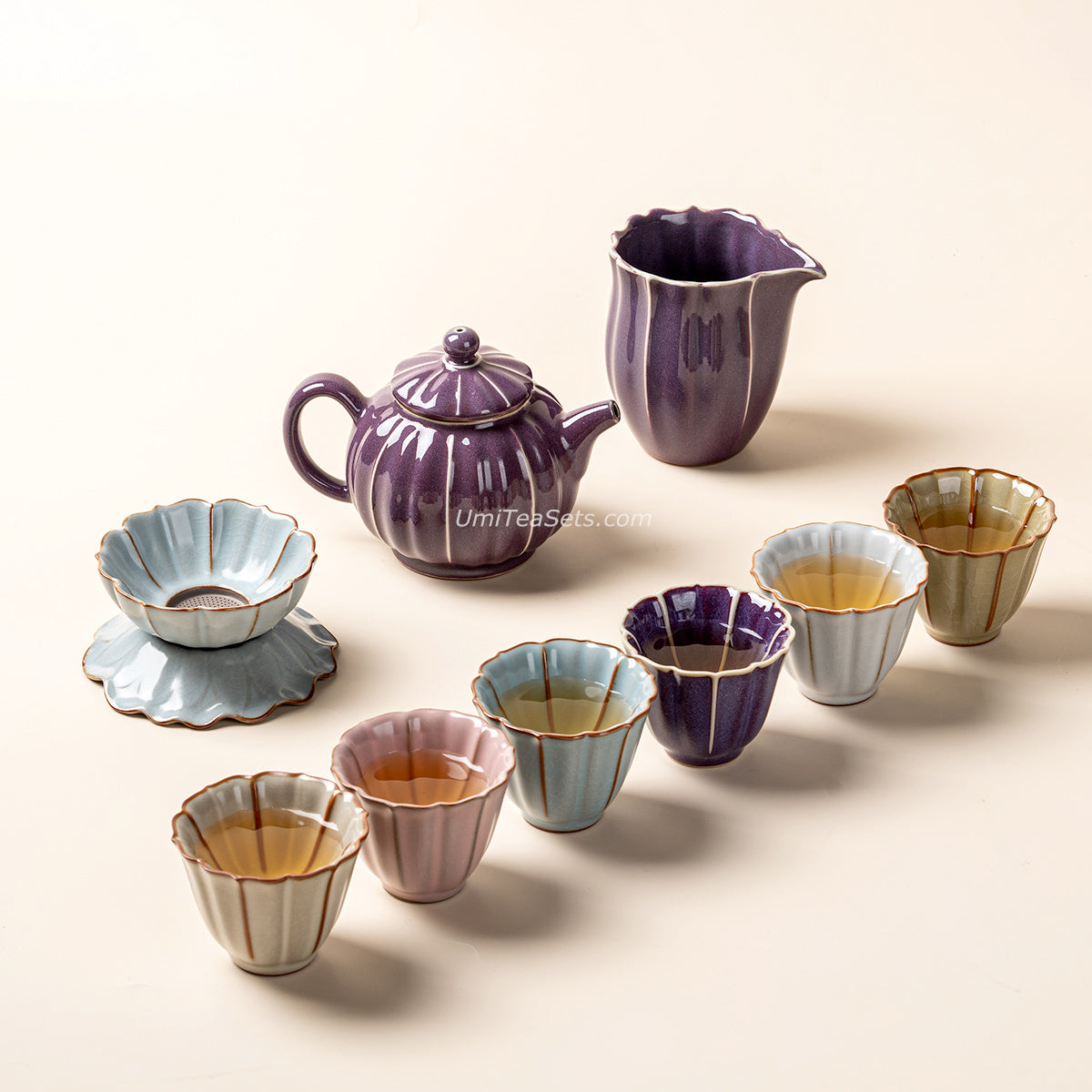 Chinese Jun Kiln Lotus Porcelain Tea Set