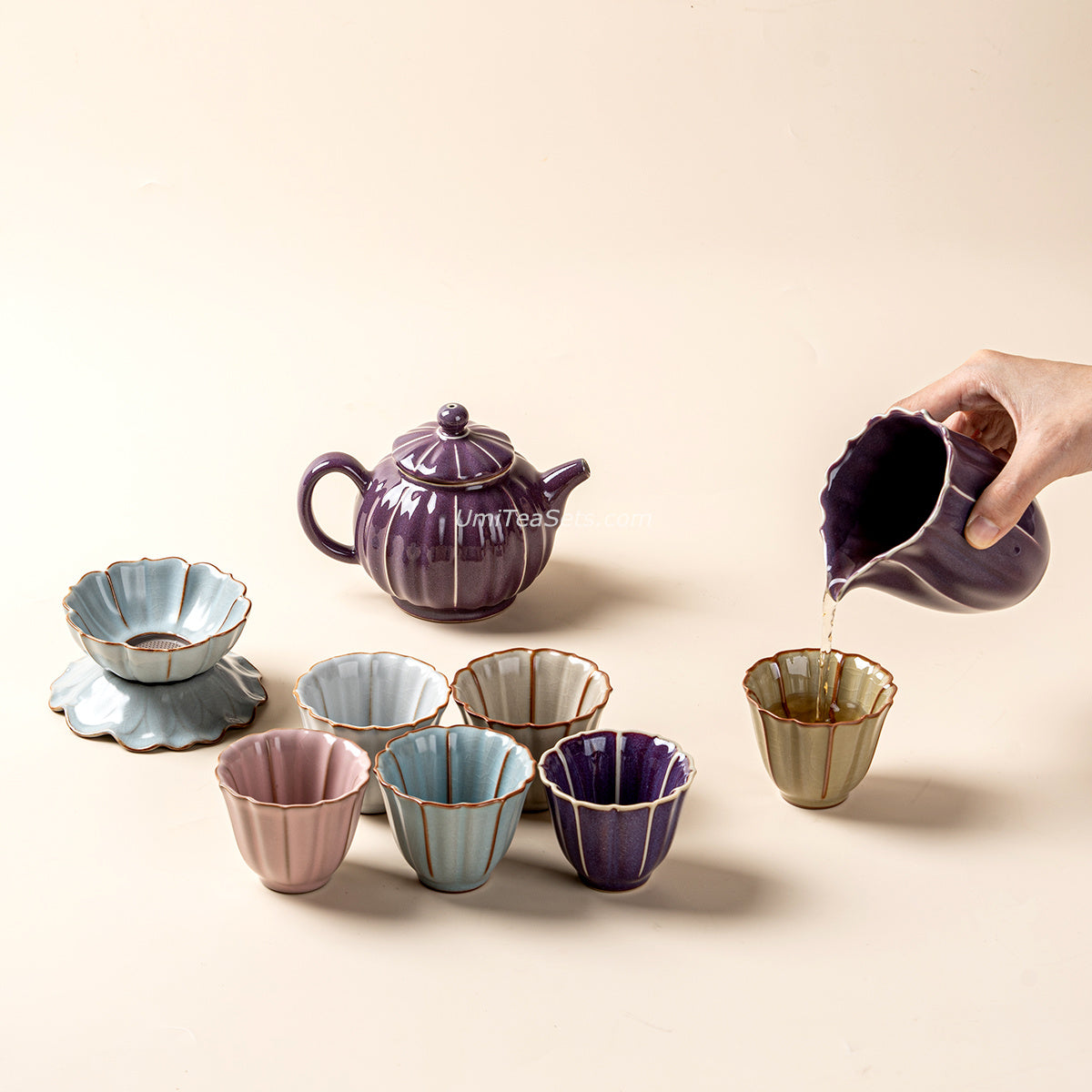 Chinese Jun Kiln Lotus Porcelain Tea Set