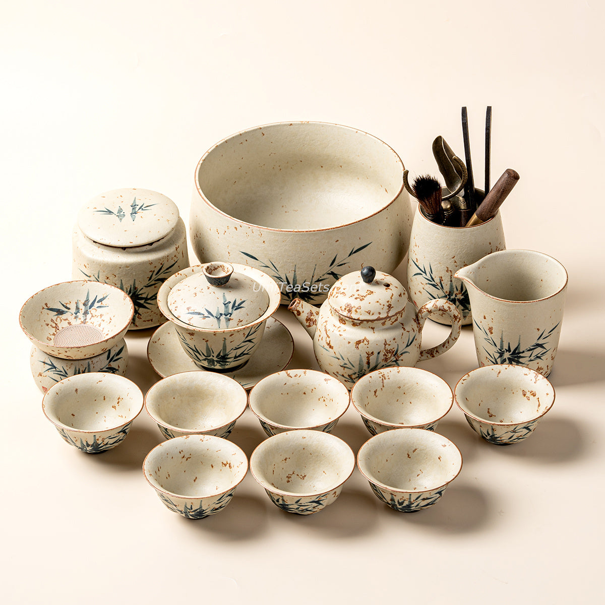 Chinese Ruyao Ceramic Bamboo Tea Set