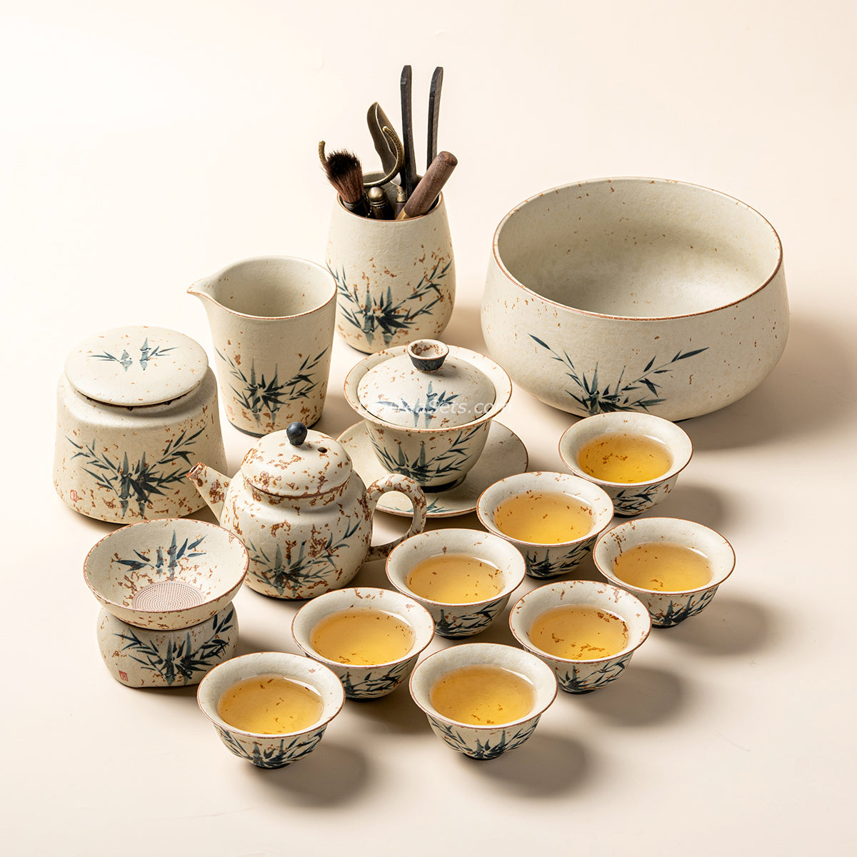 Chinese Ruyao Ceramic Bamboo Tea Set
