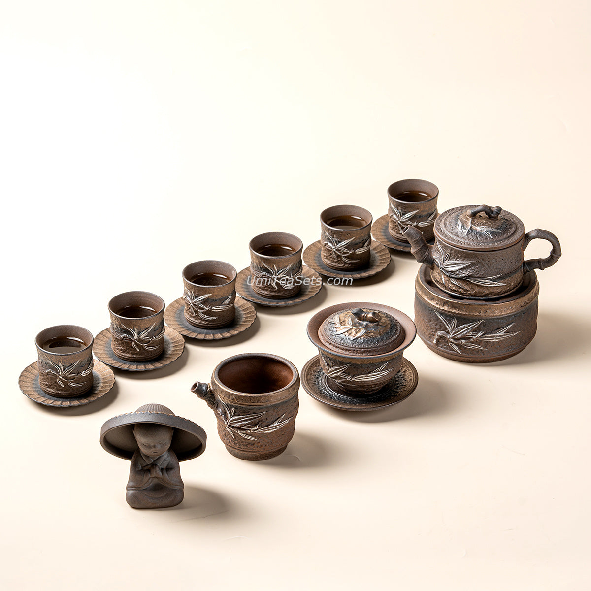 Japanese Pottery Gilded Iron Glaze Bamboo Tea Set