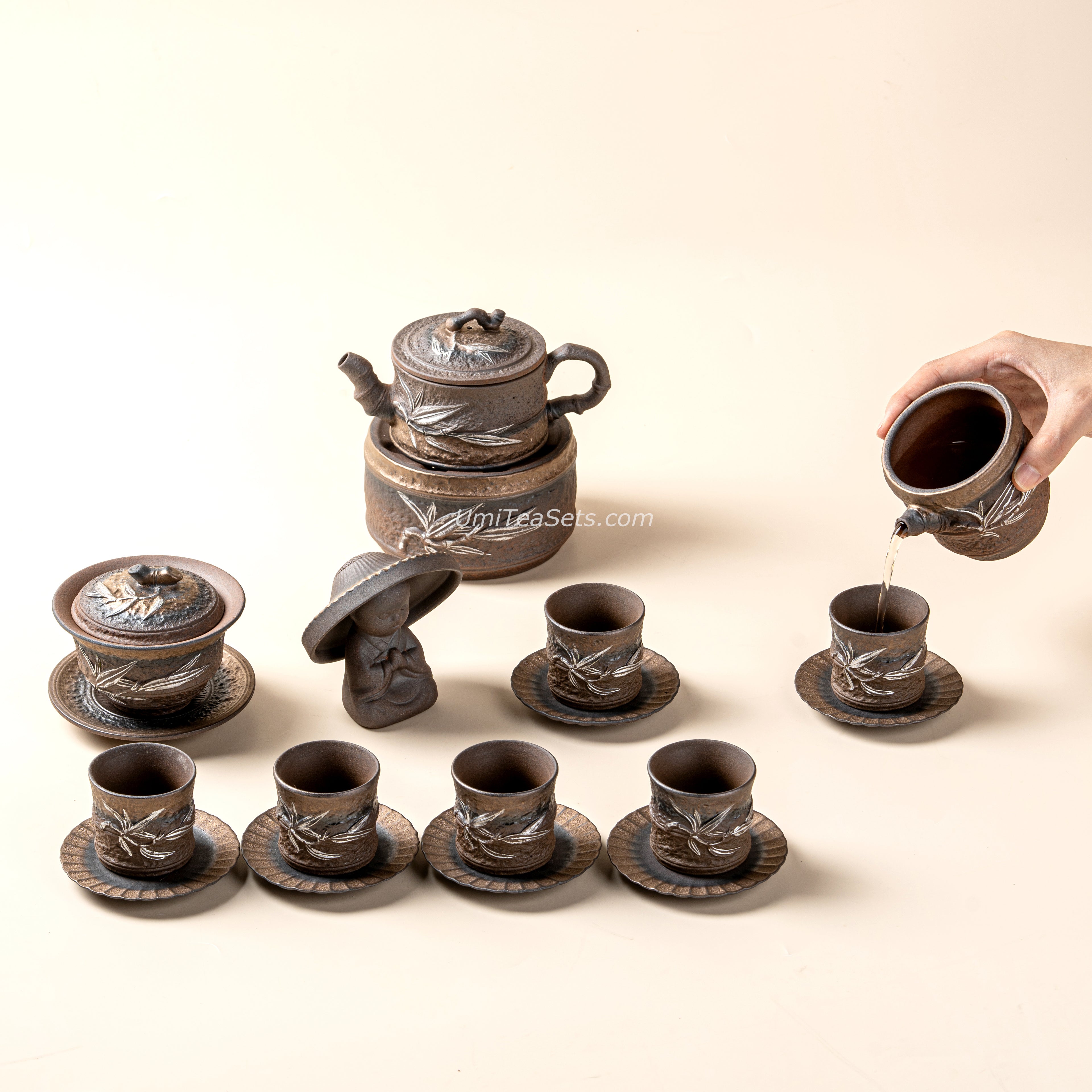 Japanese Pottery Gilded Iron Glaze Bamboo Tea Set