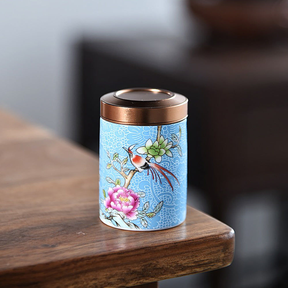 Magpie and Flower Enamel Six Tea Caddies Set