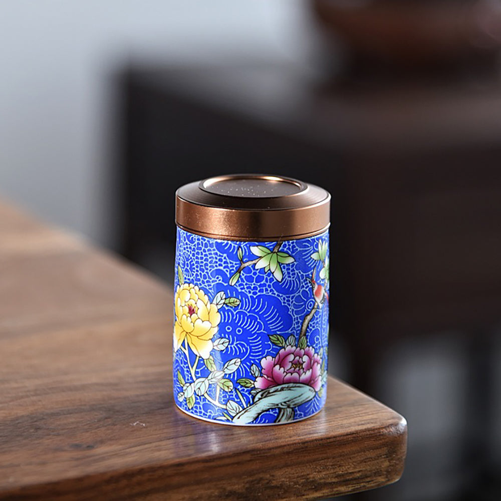 Magpie and Flower Enamel Six Tea Caddies Set