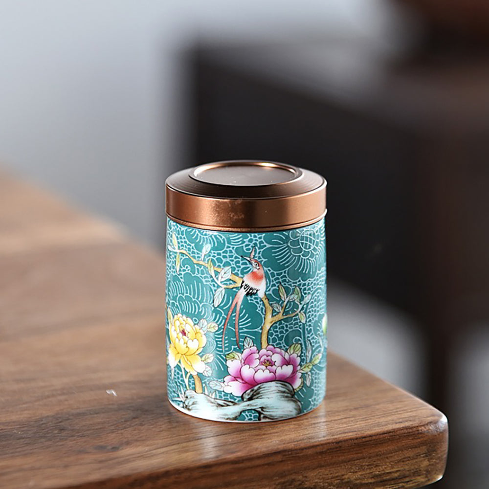 Magpie and Flower Enamel Six Tea Caddies Set