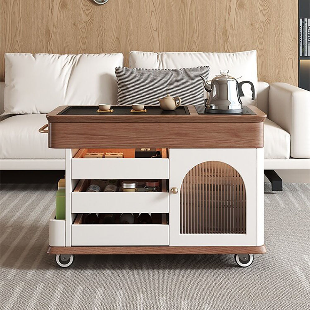 Oak Movable Tea Table With Black Stone Tea Tray
