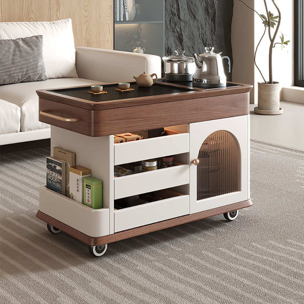Oak Movable Tea Table With Black Stone Tea Tray