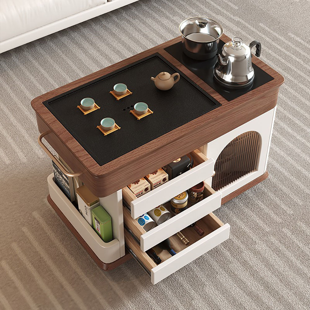 Oak Movable Tea Table With Black Stone Tea Tray