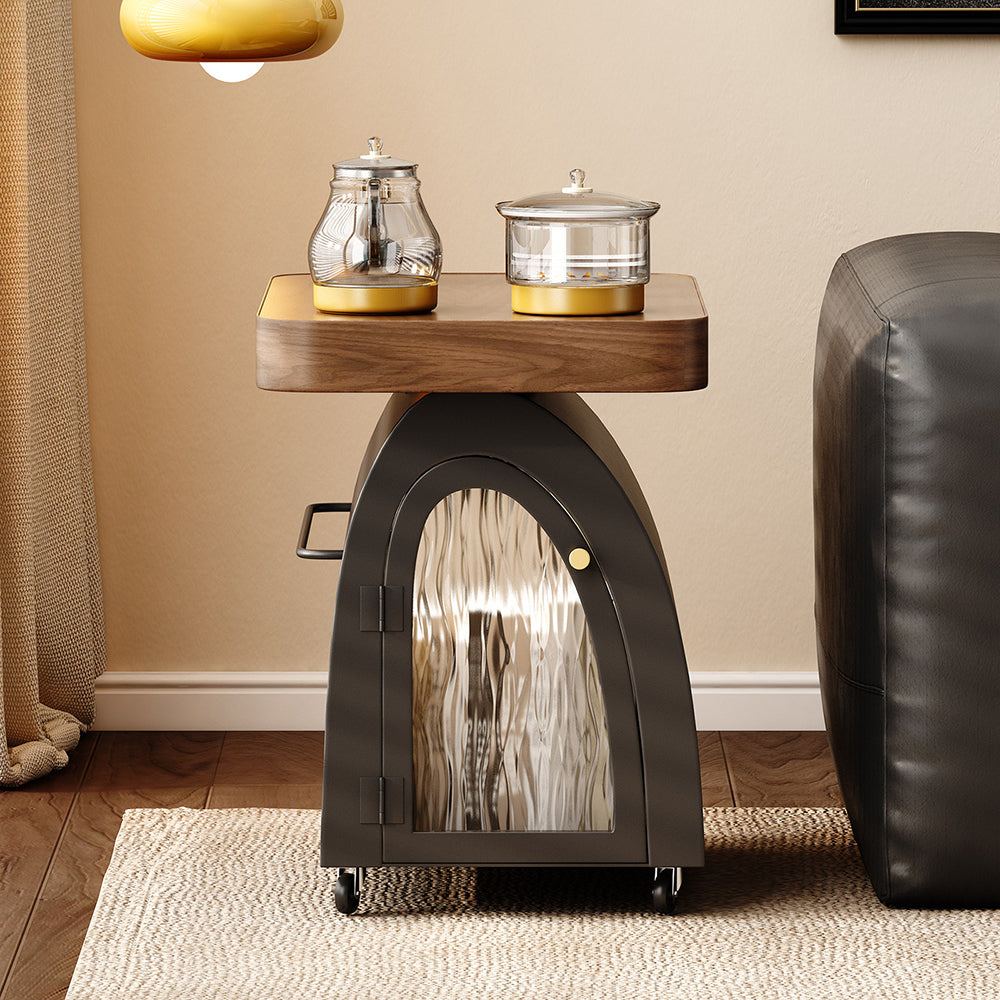 Solid Wood & Carbon Steel Small Movable Tea Table
