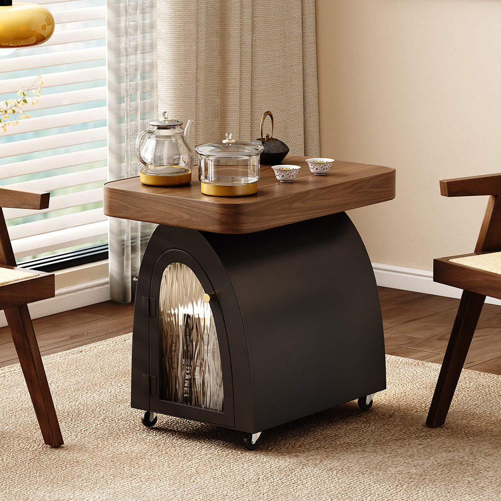 Solid Wood & Carbon Steel Small Movable Tea Table
