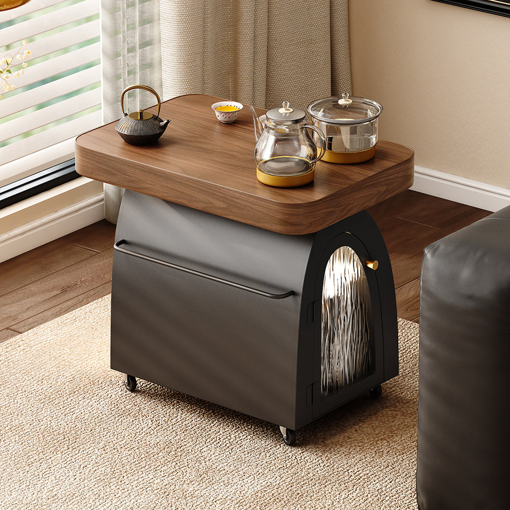 Solid Wood & Carbon Steel Small Movable Tea Table
