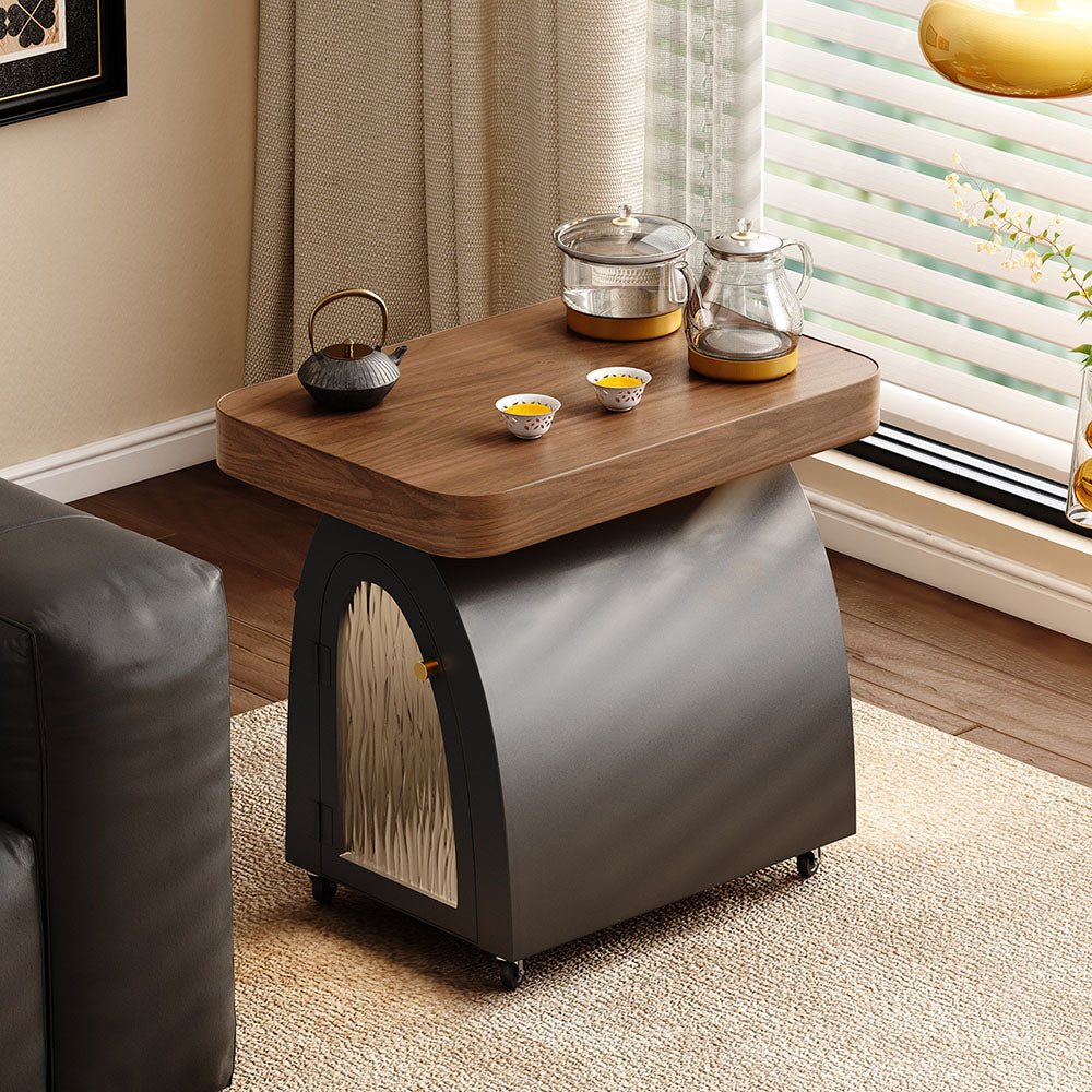Solid Wood & Carbon Steel Small Movable Tea Table