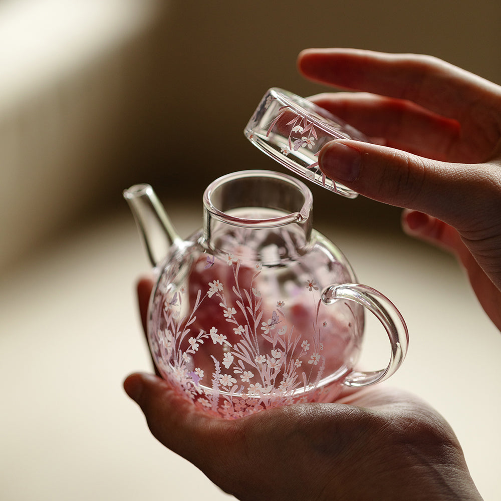 Pink Blossom Borosilicate Glass Teapot