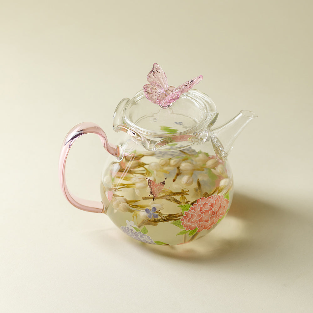 Pink Butterfly And Hydrangea Borosilicate Glass Teapot