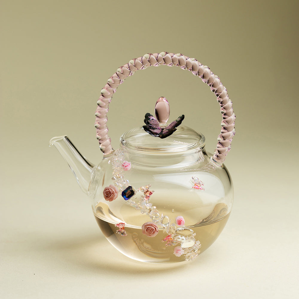 Pink Rose And Butterfly Borosilicate Glass Teapot