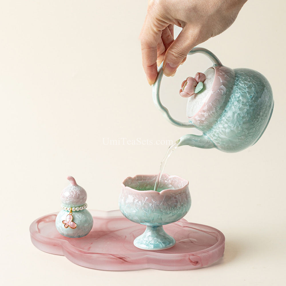 Pink-Green Gradient Ruyao Porcelain Tea Set