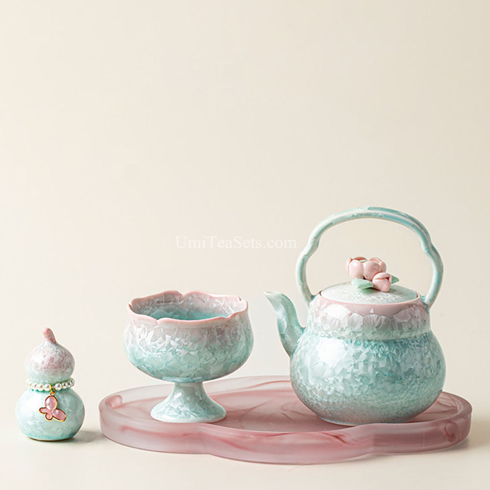 Pink-Green Gradient Ruyao Porcelain Tea Set